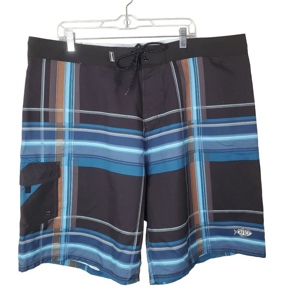 Aftco Bluewater Board Shorts Mens 42 Blue Brown Plaid Beach Zippered Pockets‎